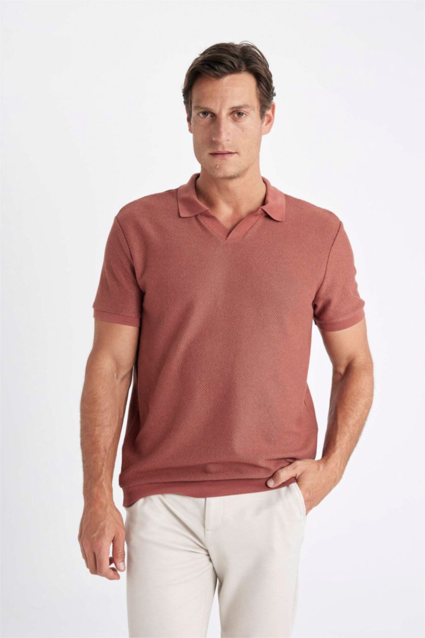 Erkek Açık Bordo Regular Fit Polo Yaka Kısa Kollu Örgü Görünümlü Tişört