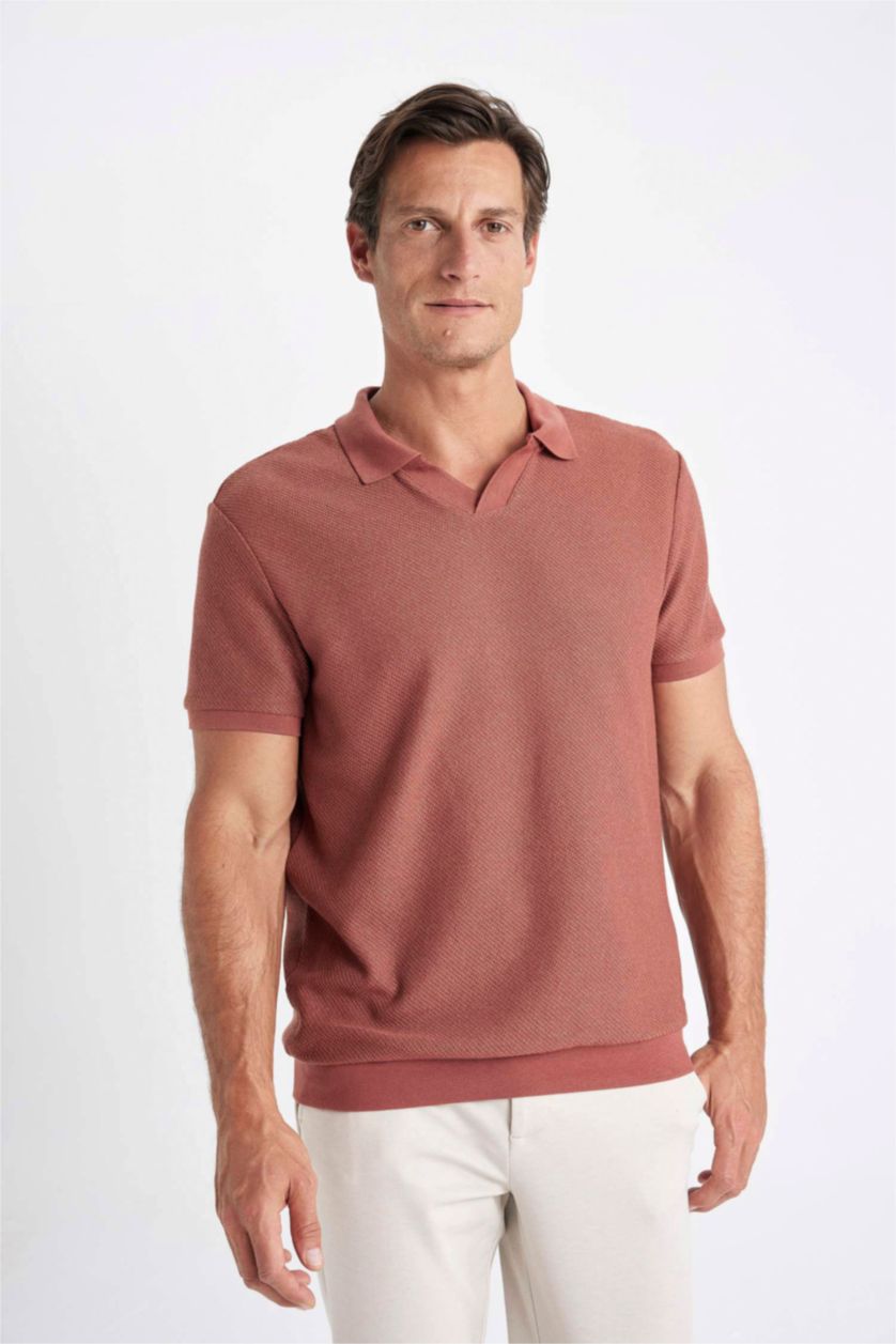 Erkek Açık Bordo Regular Fit Polo Yaka Kısa Kollu Örgü Görünümlü Tişört