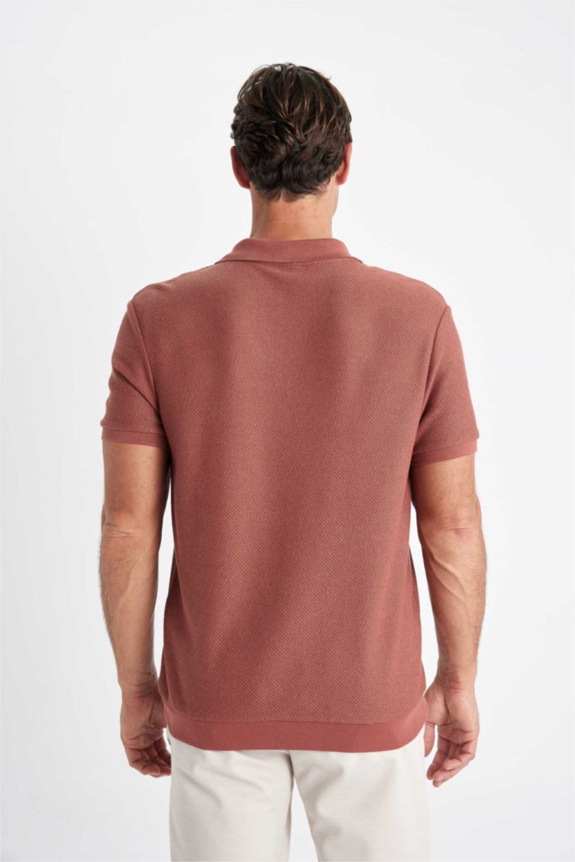 Erkek Açık Bordo Regular Fit Polo Yaka Kısa Kollu Örgü Görünümlü Tişört