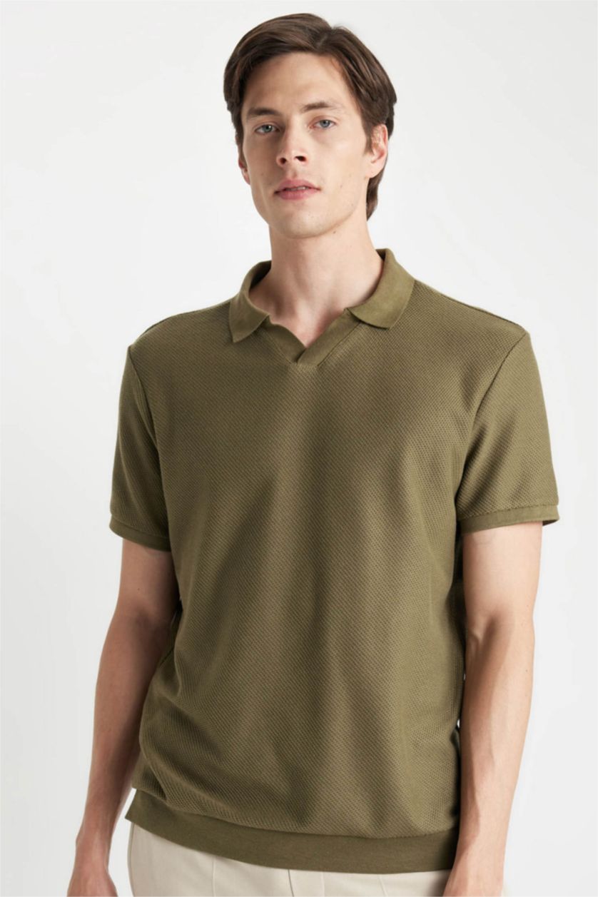 Erkek Haki Regular Fit Kısa Kollu Örgü Görünümlü Polo Tişört