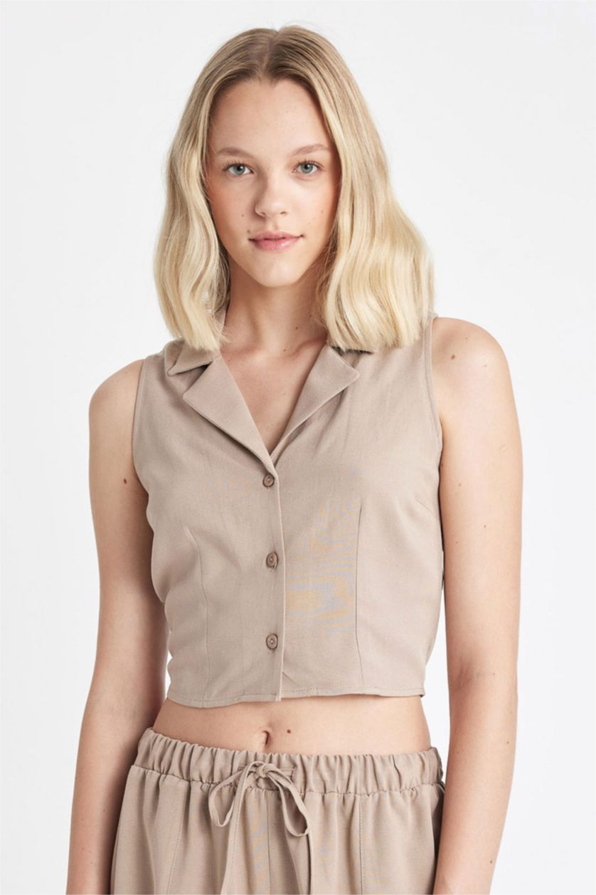 Kadın Vizon Fıtted Pijama Yaka Keten Karışımlı Kolsuz Gömlek