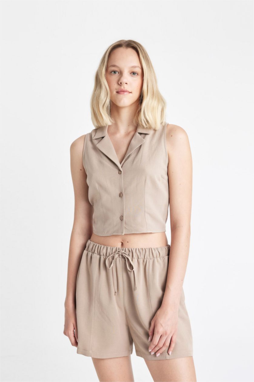 Kadın Vizon Fıtted Pijama Yaka Keten Karışımlı Kolsuz Gömlek