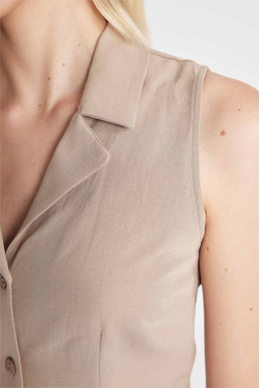 Kadın Vizon Fıtted Pijama Yaka Keten Karışımlı Kolsuz Gömlek