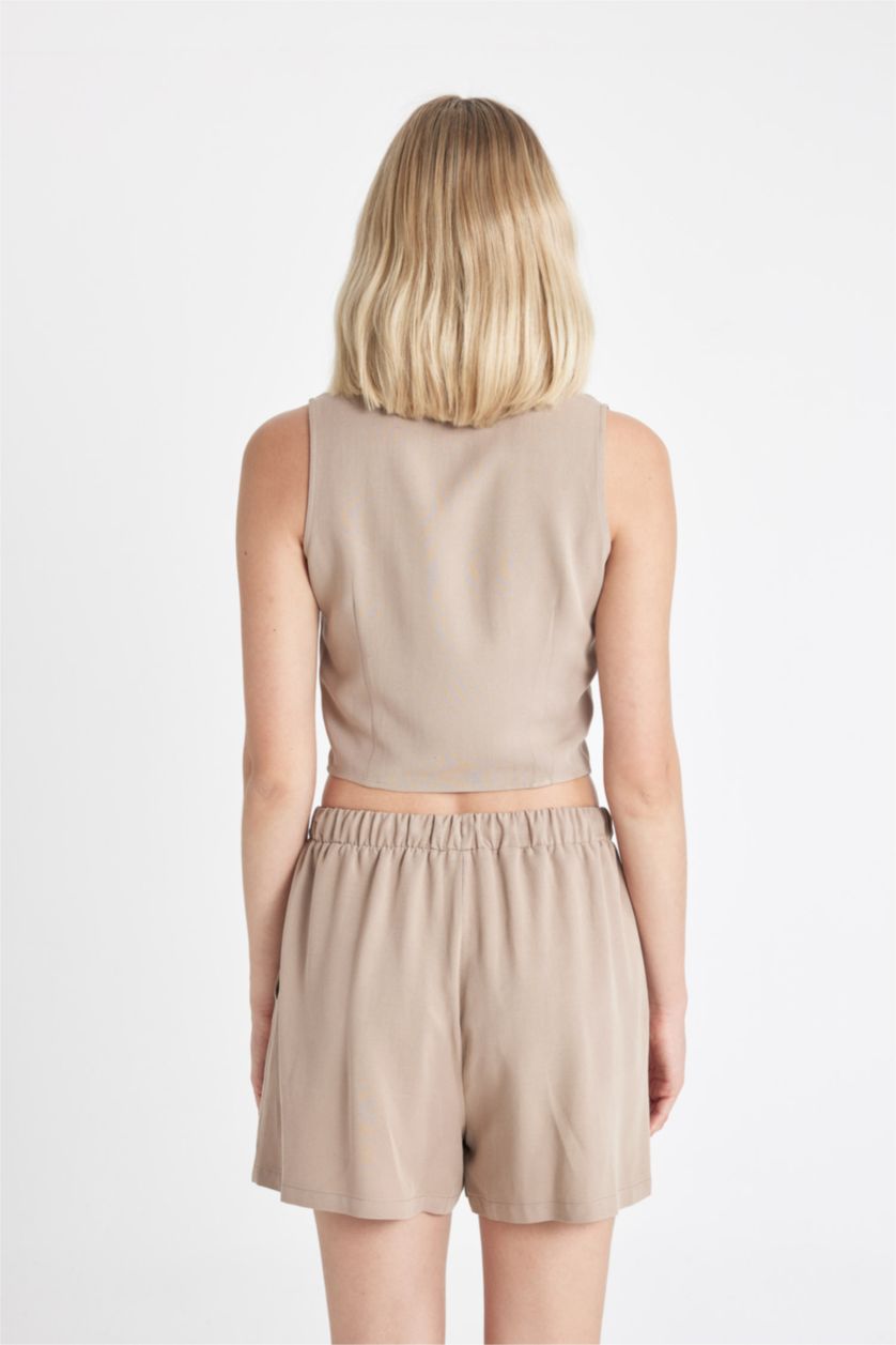 Kadın Vizon Fıtted Pijama Yaka Keten Karışımlı Kolsuz Gömlek