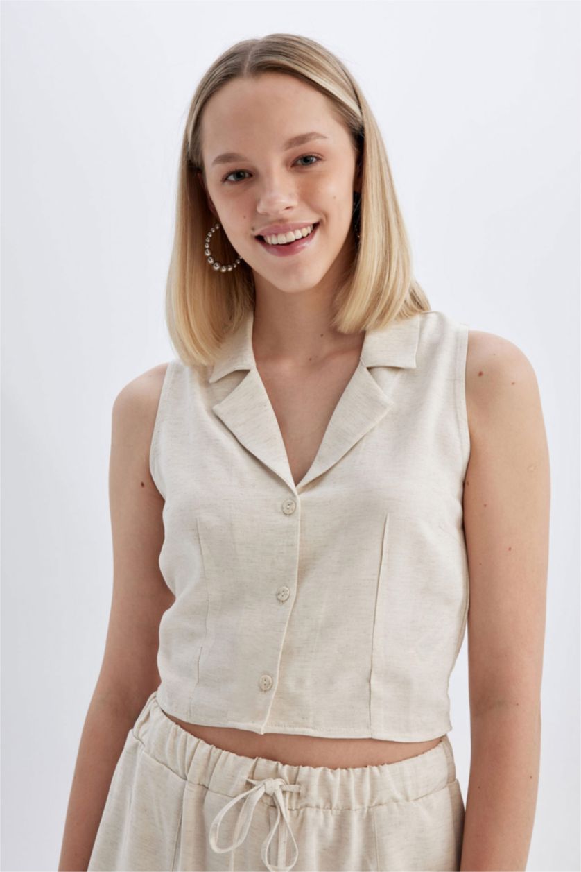 Kadın Ekru Fıtted Pijama Yaka Keten Karışımlı Kolsuz Gömlek