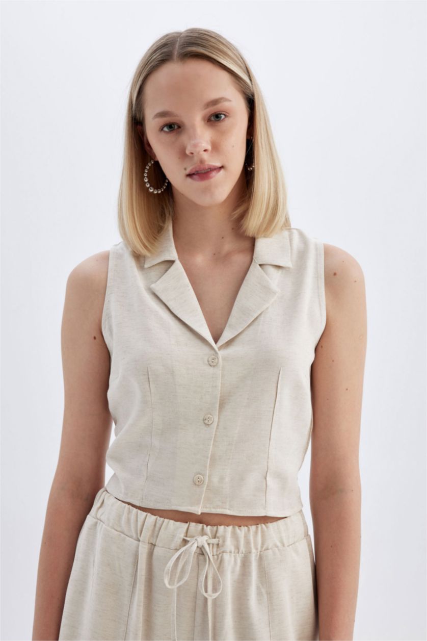 Kadın Ekru Fıtted Pijama Yaka Keten Karışımlı Kolsuz Gömlek