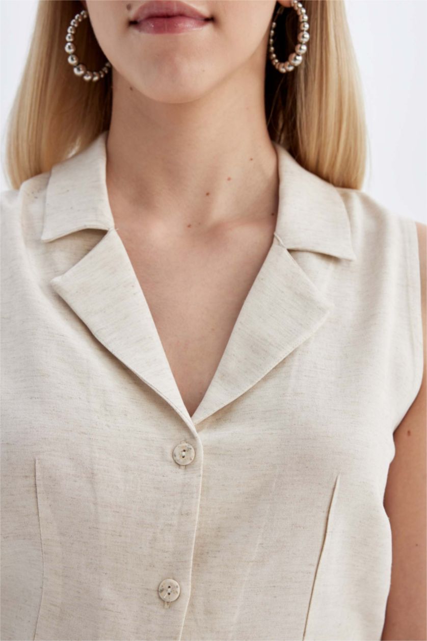 Kadın Ekru Fıtted Pijama Yaka Keten Karışımlı Kolsuz Gömlek