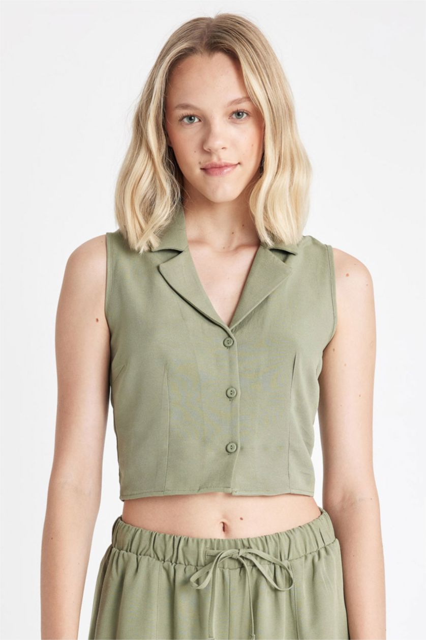 Kadın Haki Fıtted Pijama Yaka Keten Karışımlı Kolsuz Gömlek