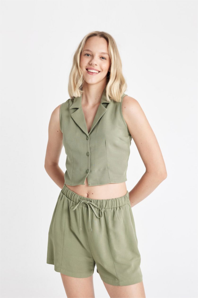 Kadın Haki Fıtted Pijama Yaka Keten Karışımlı Kolsuz Gömlek