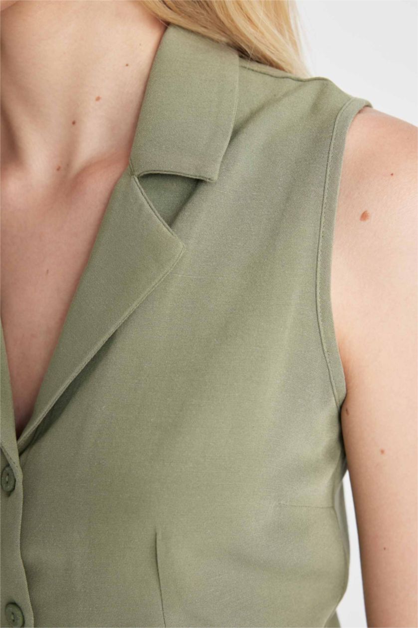 Kadın Haki Fıtted Pijama Yaka Keten Karışımlı Kolsuz Gömlek