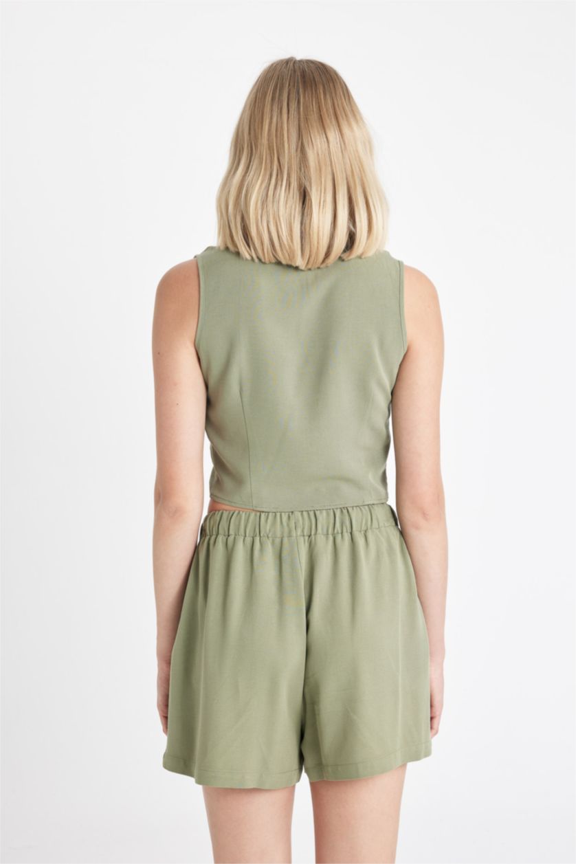 Kadın Haki Fıtted Pijama Yaka Keten Karışımlı Kolsuz Gömlek