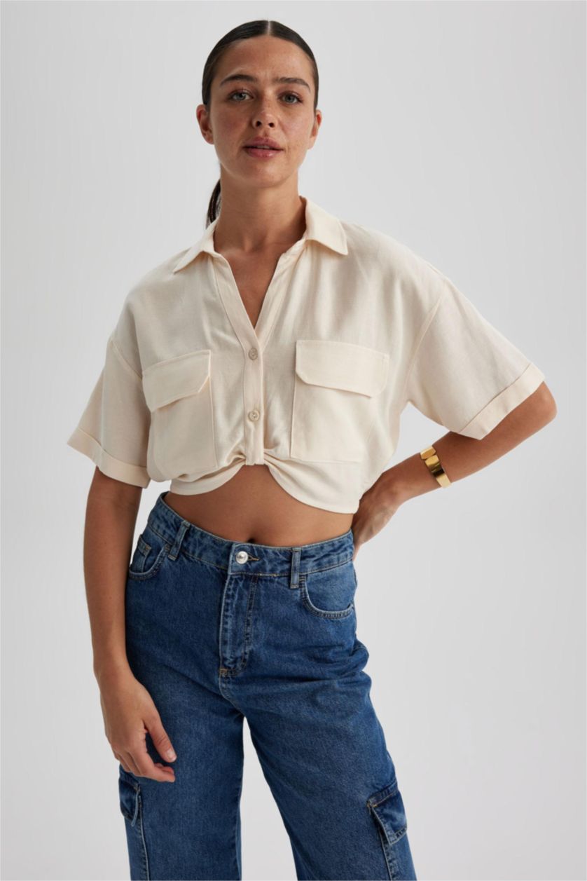 Woman Ecru Regular Fit Linen Blend Shirt