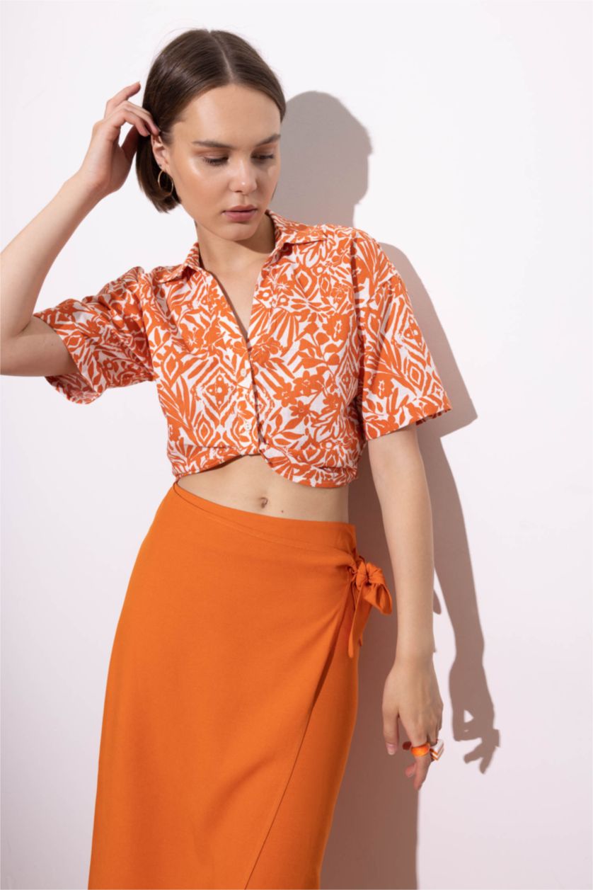 WOMAN Dark Orange Regular Fit V-Neck Patterned Short Sleeve Crop Shirt