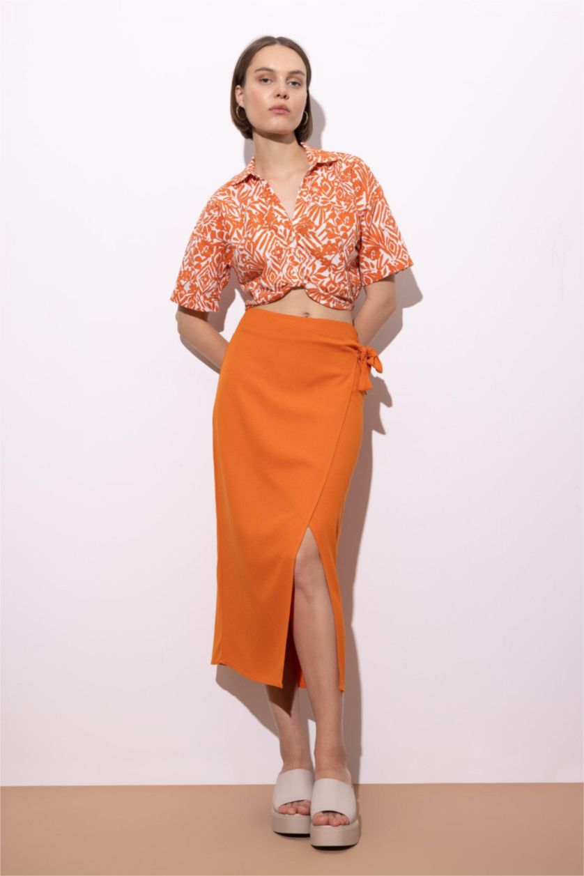 WOMAN Dark Orange Regular Fit V-Neck Patterned Short Sleeve Crop Shirt