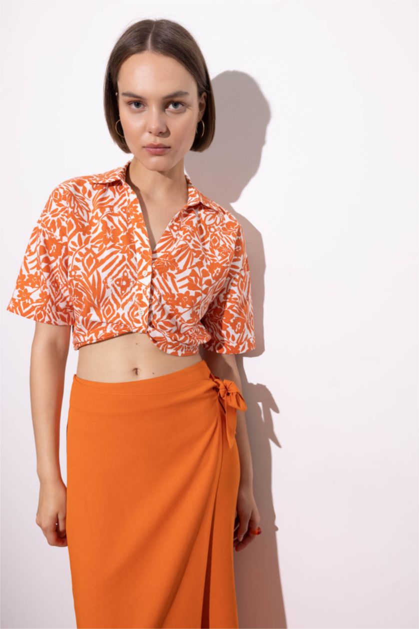 WOMAN Dark Orange Regular Fit V-Neck Patterned Short Sleeve Crop Shirt
