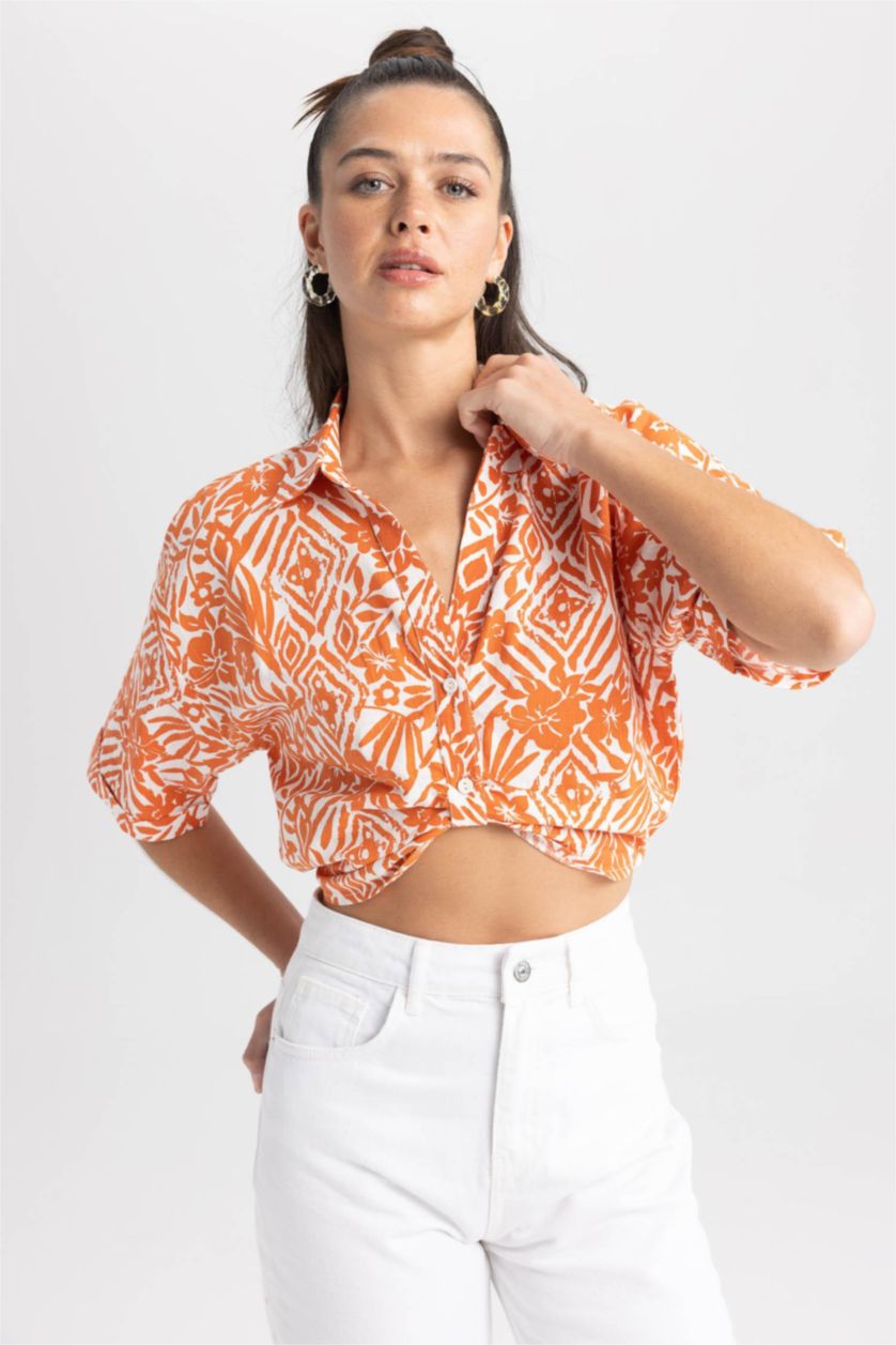 WOMAN Dark Orange Regular Fit V-Neck Patterned Short Sleeve Crop Shirt