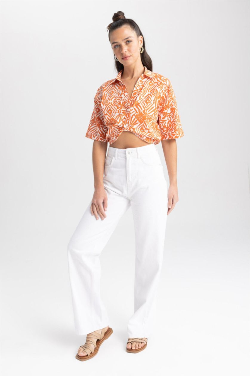 WOMAN Dark Orange Regular Fit V-Neck Patterned Short Sleeve Crop Shirt