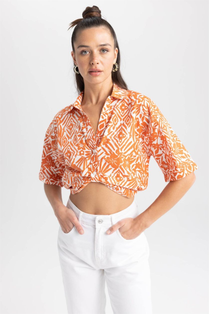 WOMAN Dark Orange Regular Fit V-Neck Patterned Short Sleeve Crop Shirt