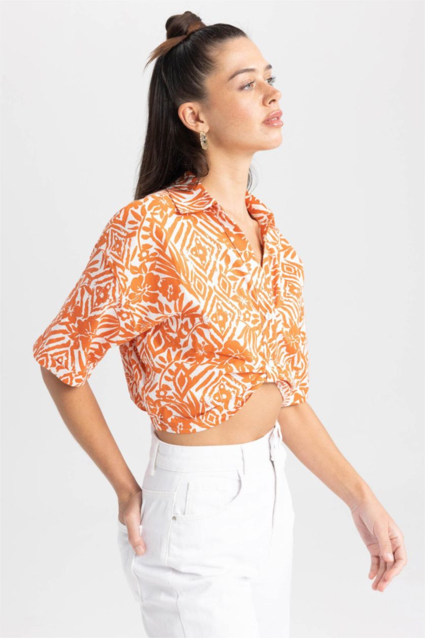 WOMAN Dark Orange Regular Fit V-Neck Patterned Short Sleeve Crop Shirt