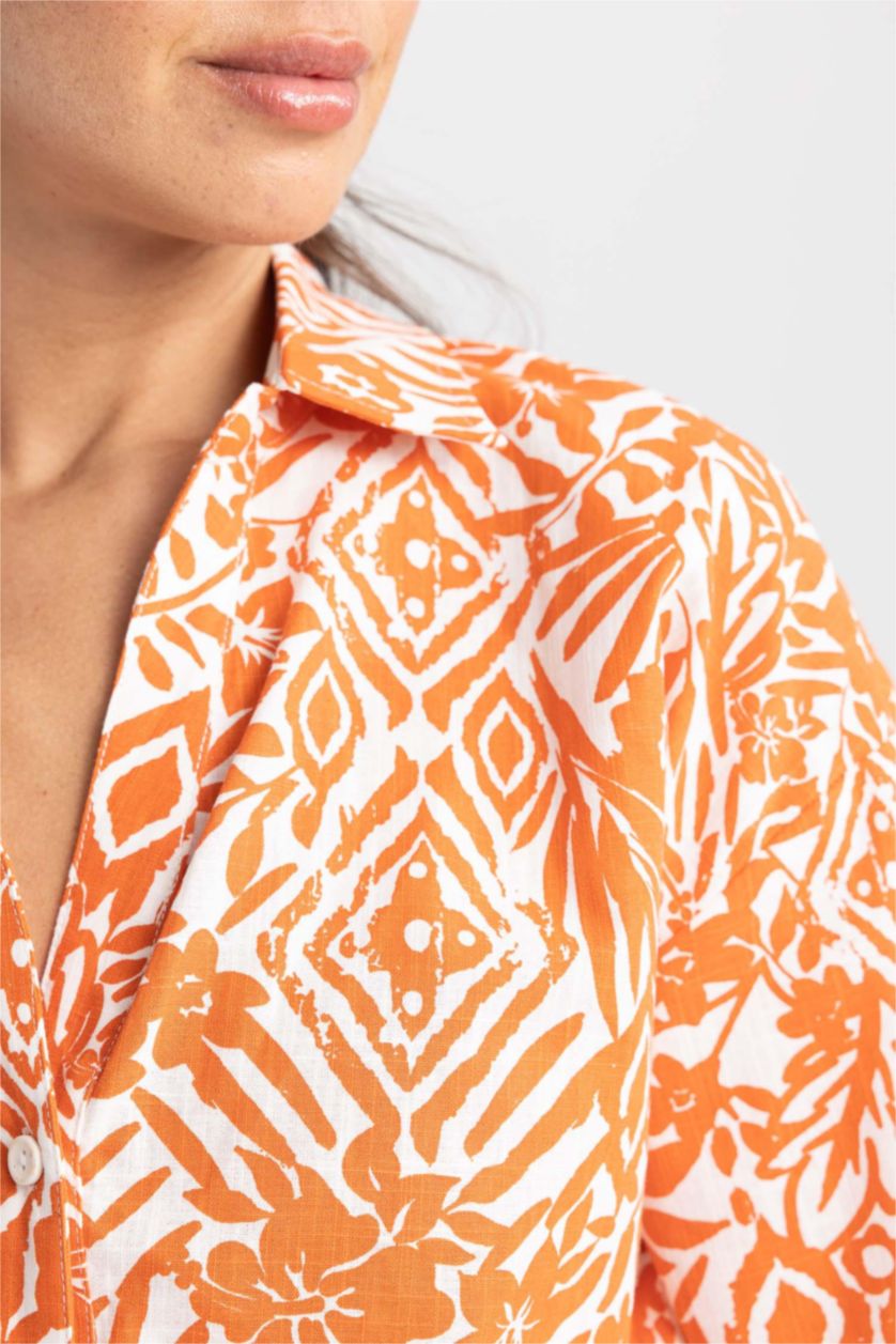 WOMAN Dark Orange Regular Fit V-Neck Patterned Short Sleeve Crop Shirt