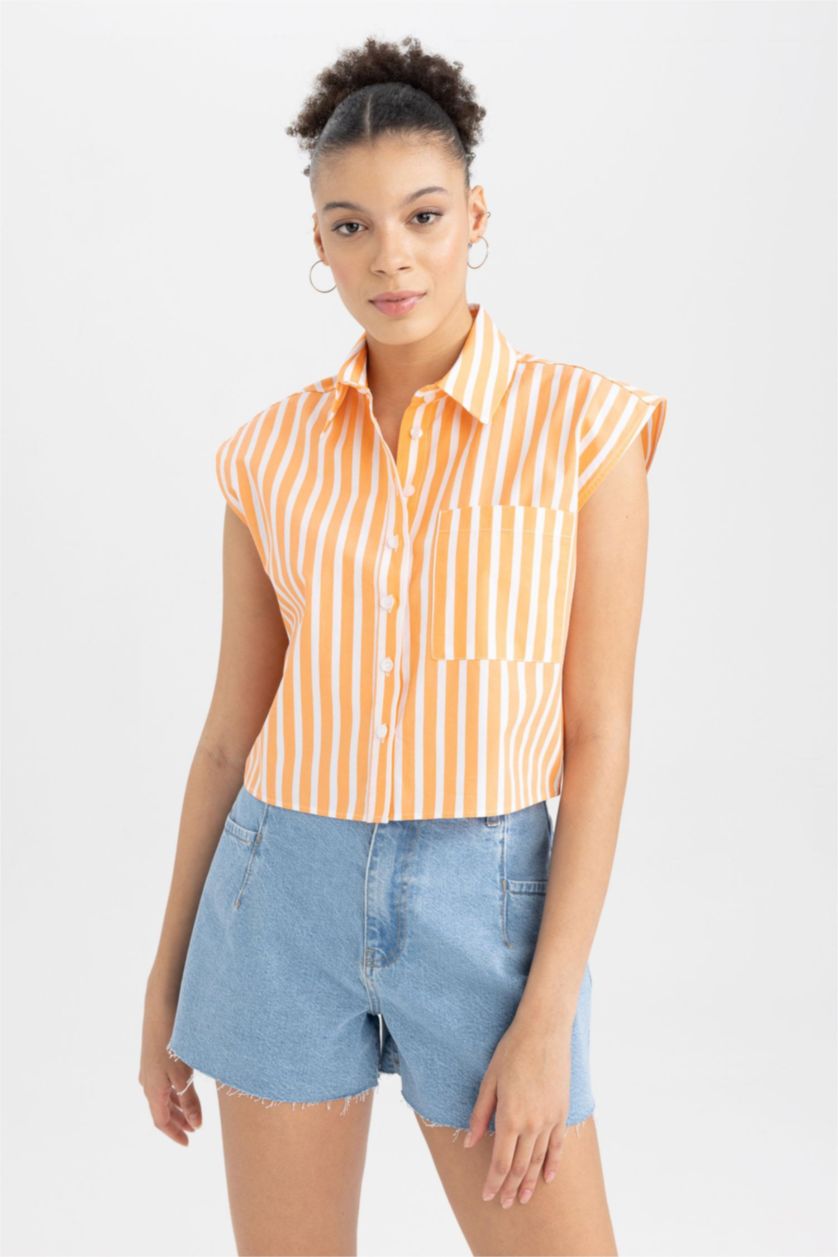 Kadın Turuncu Coool Crop Çizgili Poplin Kolsuz %100 Pamuk Gömlek