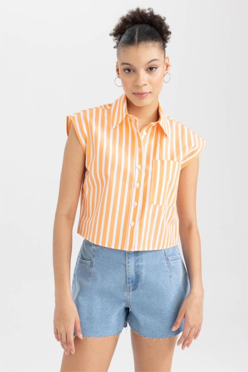 Kadın Turuncu Coool Crop Çizgili Poplin Kolsuz %100 Pamuk Gömlek