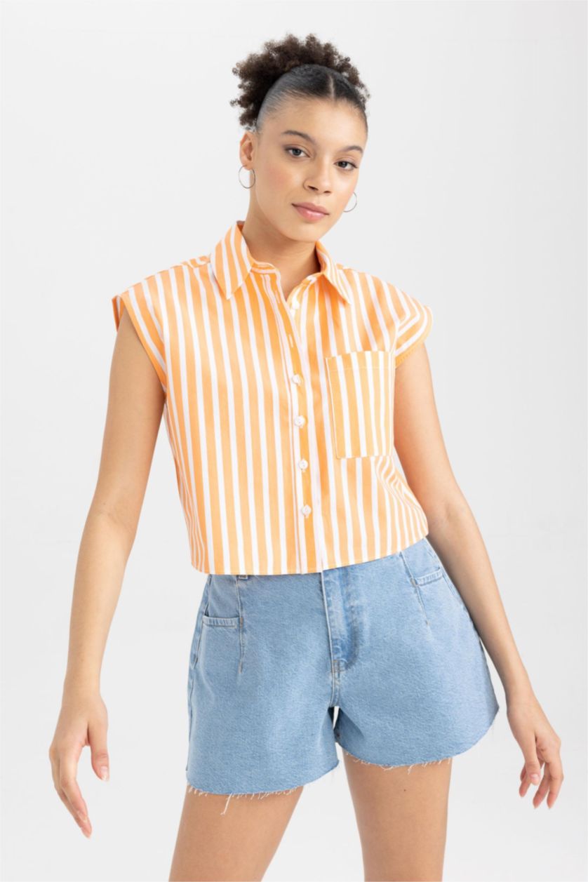 Kadın Turuncu Coool Crop Çizgili Poplin Kolsuz %100 Pamuk Gömlek