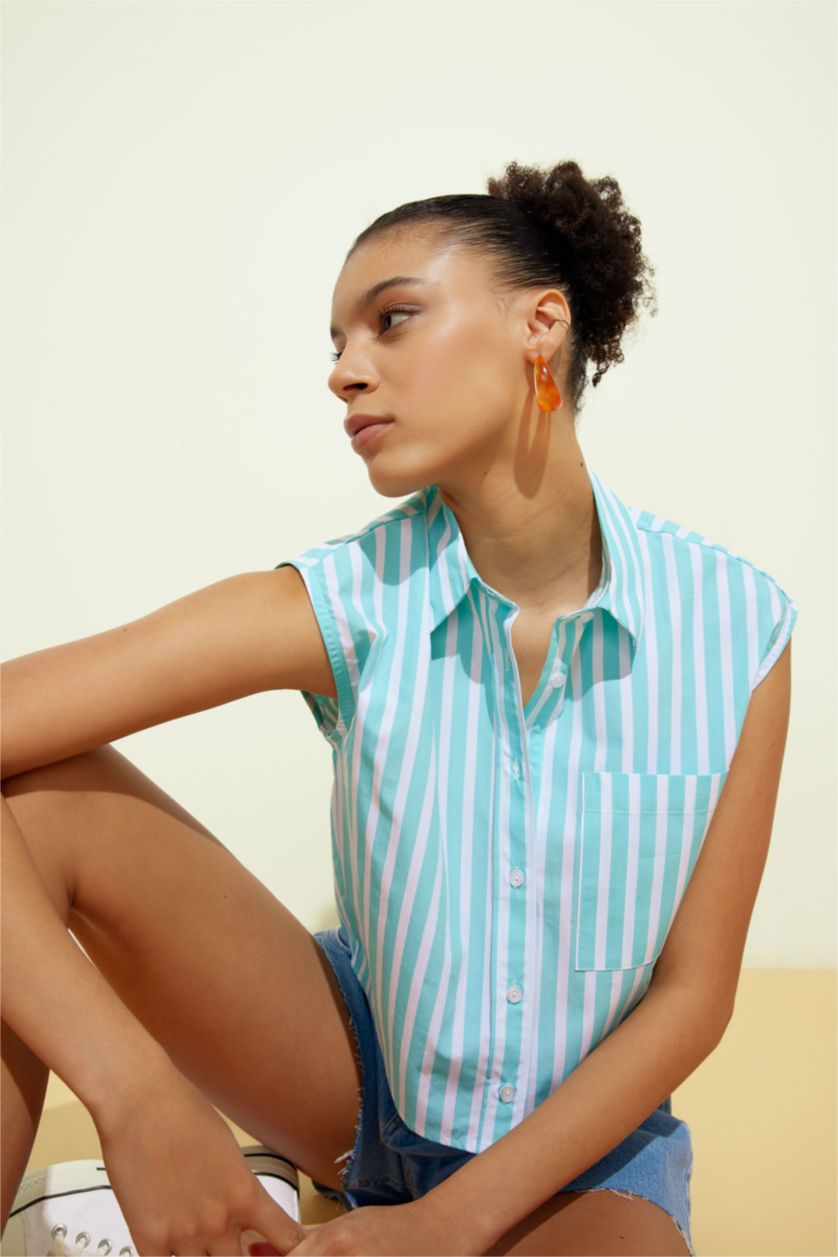 Kadın Deniz Mavisi Coool Crop Çizgili Poplin Kolsuz %100 Pamuk Gömlek