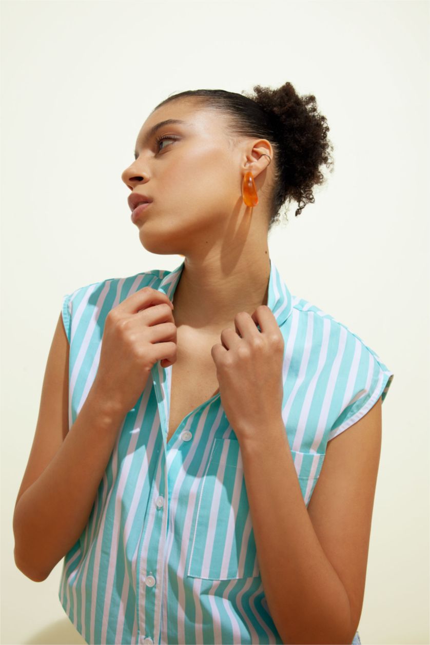 Kadın Deniz Mavisi Coool Crop Çizgili Poplin Kolsuz %100 Pamuk Gömlek