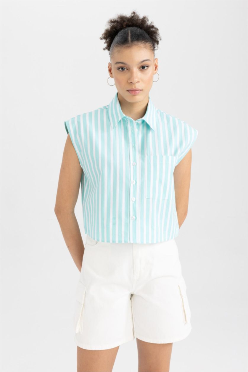 Kadın Deniz Mavisi Coool Crop Çizgili Poplin Kolsuz %100 Pamuk Gömlek
