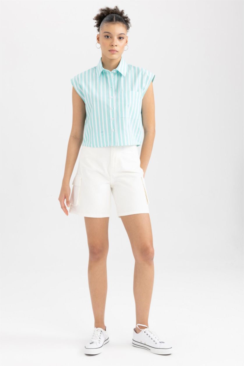 Kadın Deniz Mavisi Coool Crop Çizgili Poplin Kolsuz %100 Pamuk Gömlek