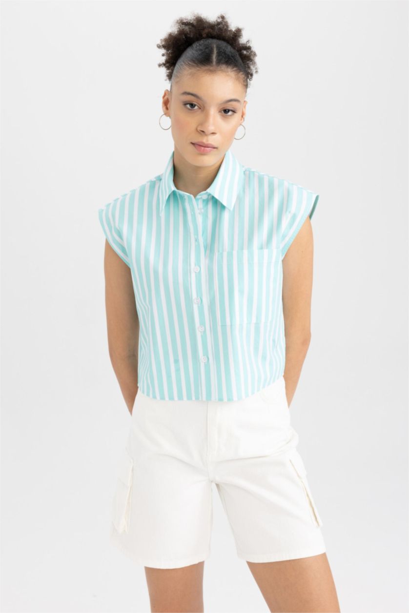 Kadın Deniz Mavisi Coool Crop Çizgili Poplin Kolsuz %100 Pamuk Gömlek