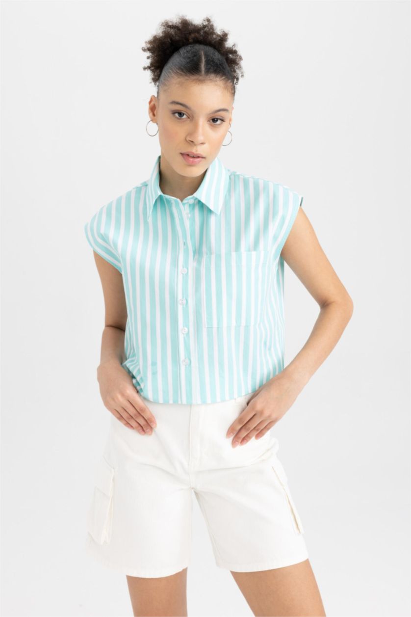 Kadın Deniz Mavisi Coool Crop Çizgili Poplin Kolsuz %100 Pamuk Gömlek