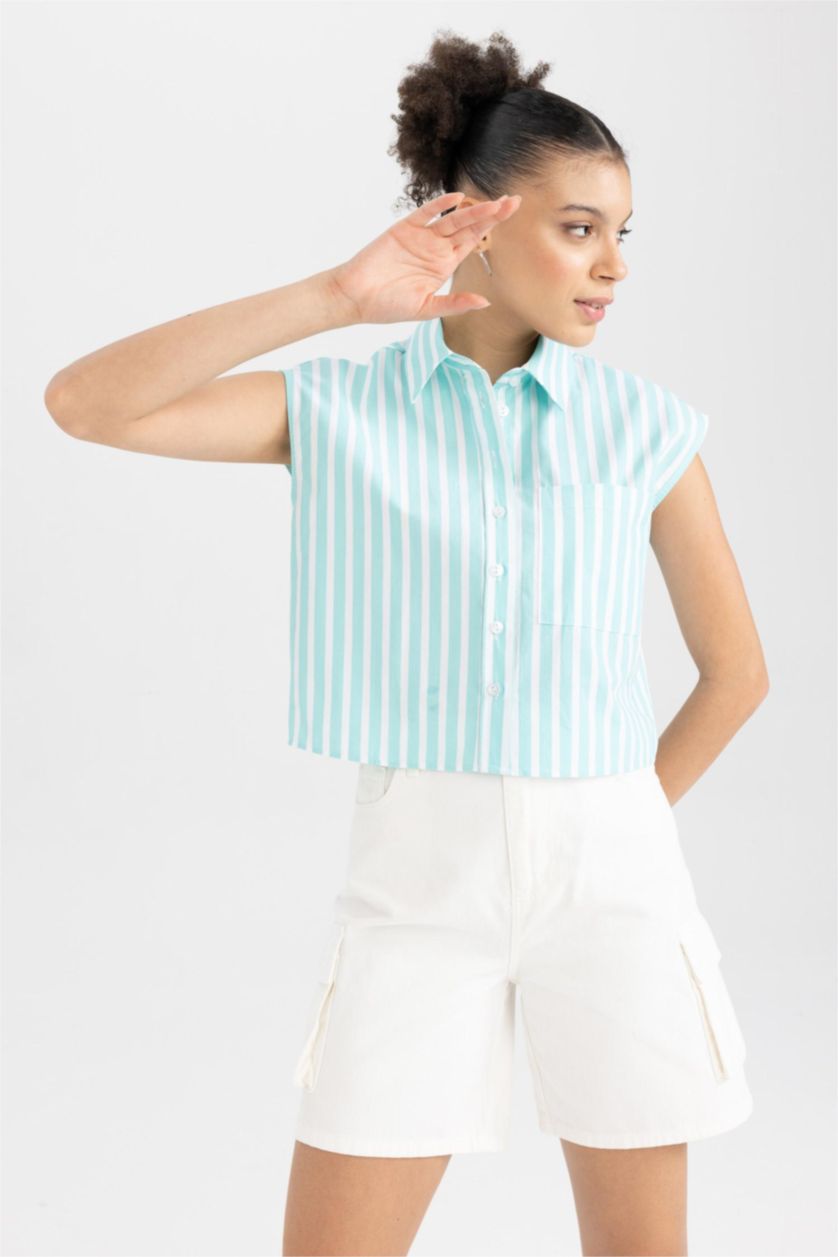 Kadın Deniz Mavisi Coool Crop Çizgili Poplin Kolsuz %100 Pamuk Gömlek