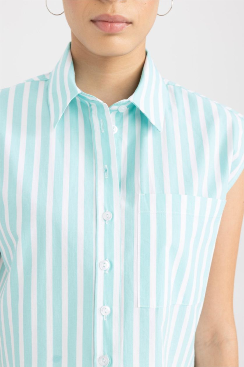 Kadın Deniz Mavisi Coool Crop Çizgili Poplin Kolsuz %100 Pamuk Gömlek