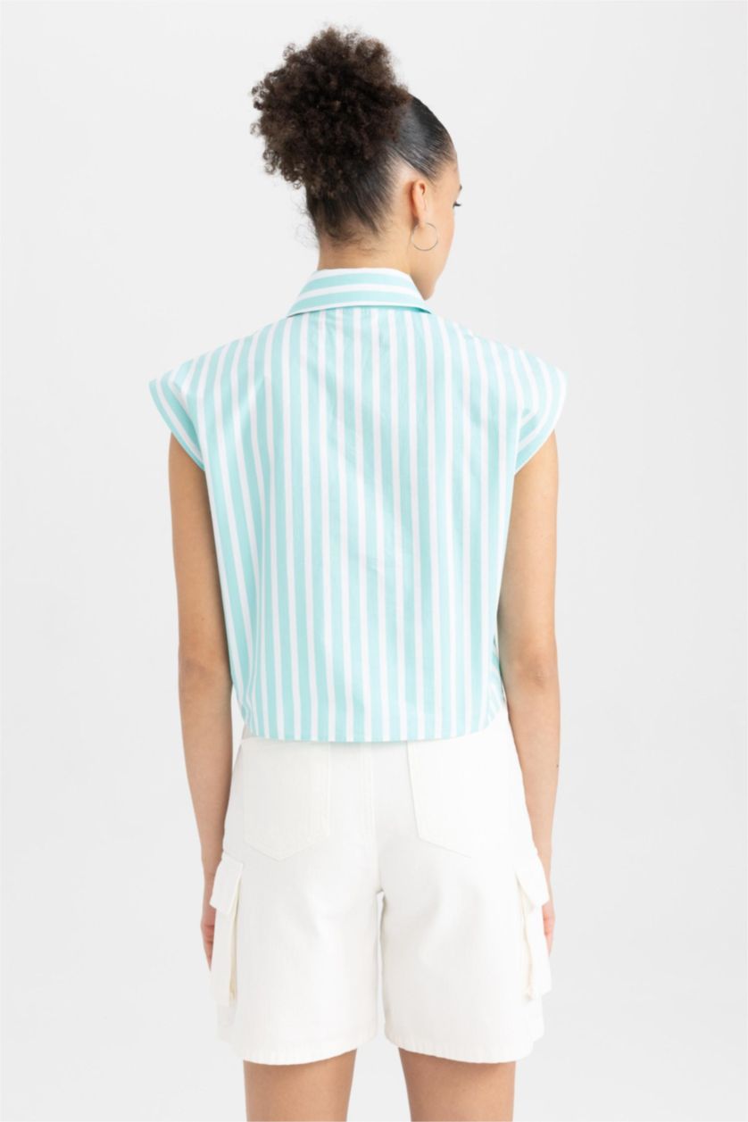 Kadın Deniz Mavisi Coool Crop Çizgili Poplin Kolsuz %100 Pamuk Gömlek