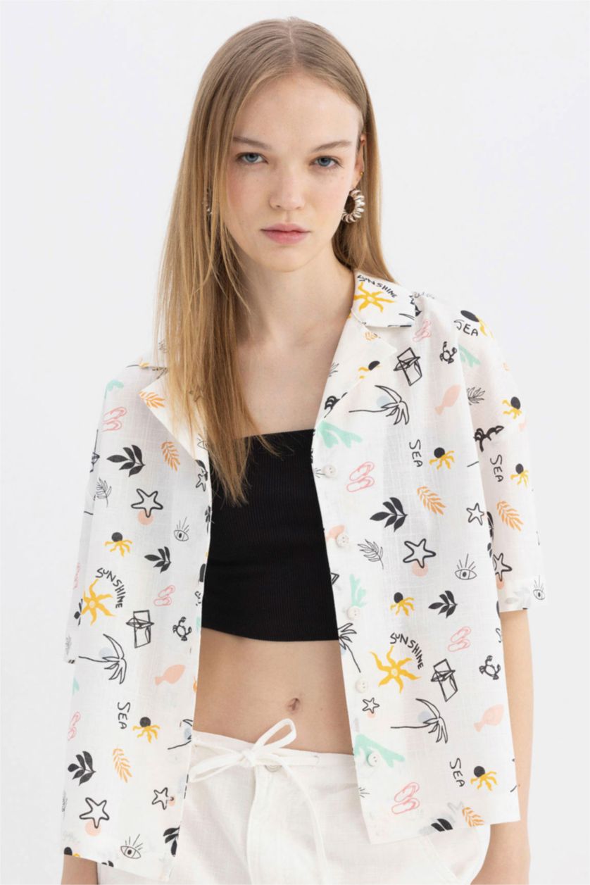 WOMAN White Oversize Pajama Collar Patterned Short Sleeve Cotton Shirt