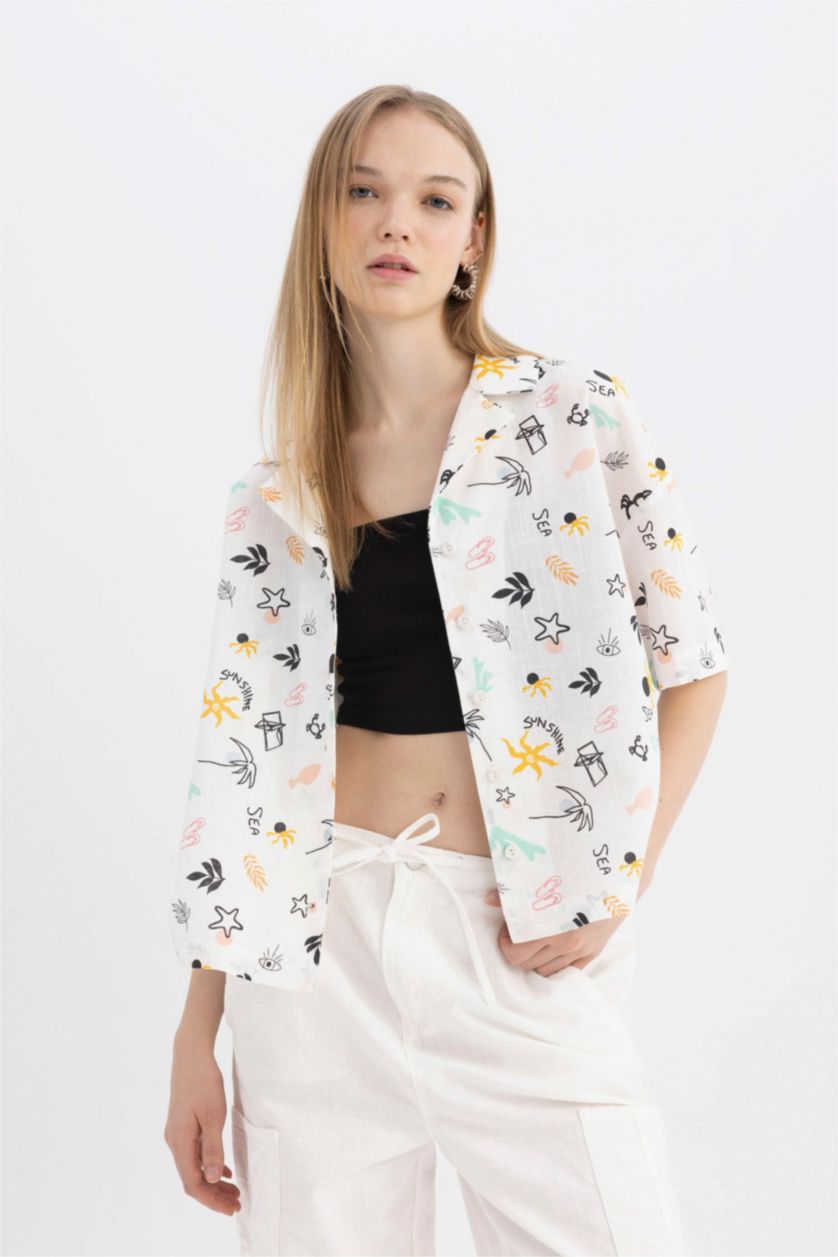 WOMAN White Oversize Pajama Collar Patterned Short Sleeve Cotton Shirt