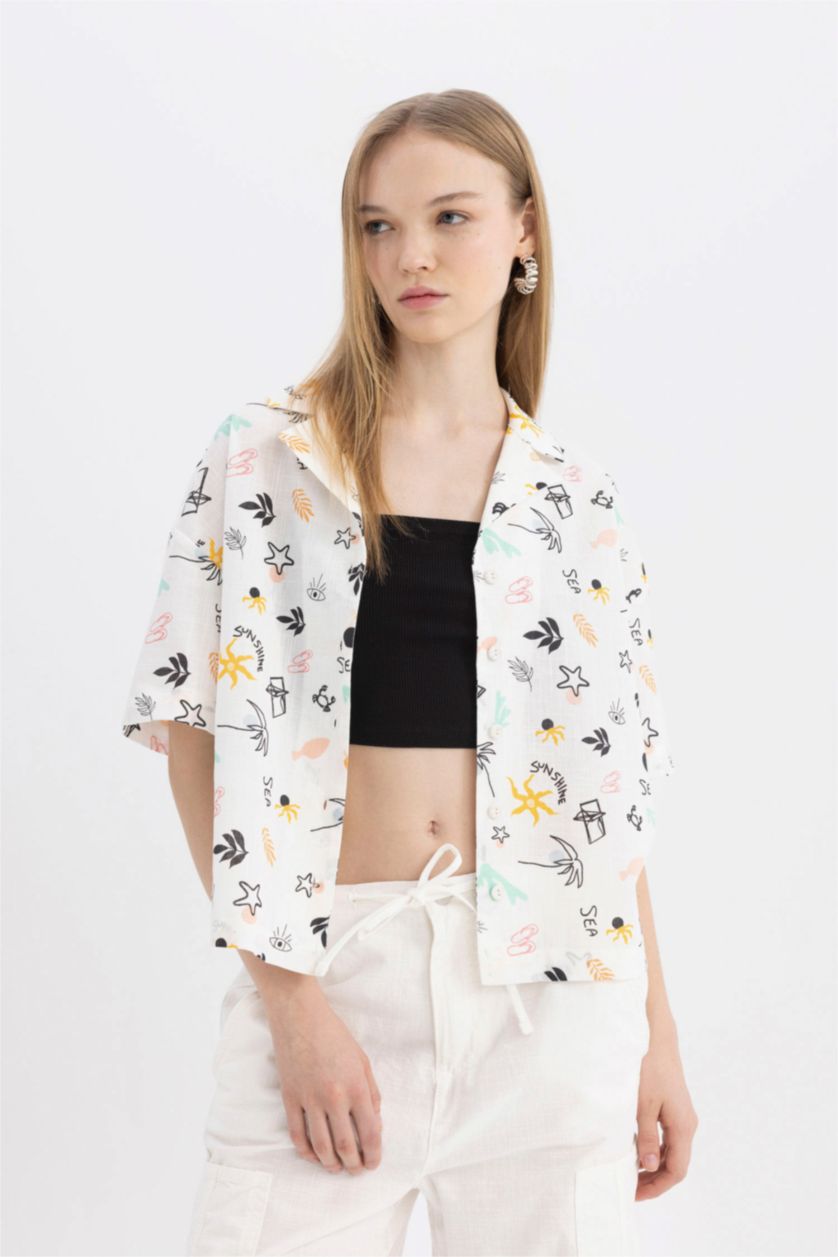 WOMAN White Oversize Pajama Collar Patterned Short Sleeve Cotton Shirt