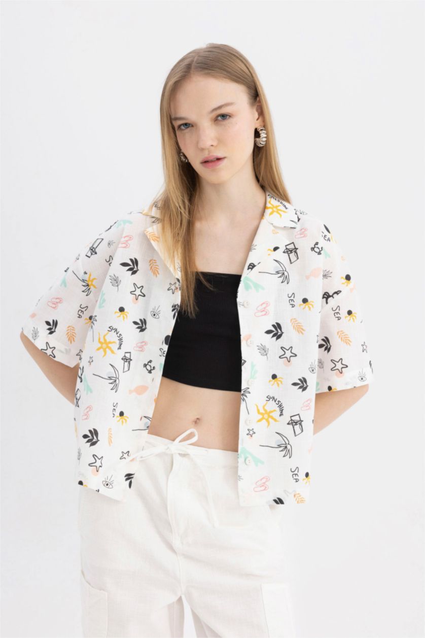 WOMAN White Oversize Pajama Collar Patterned Short Sleeve Cotton Shirt