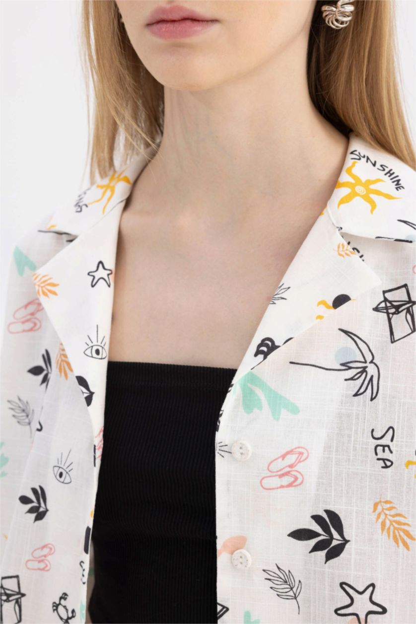 WOMAN White Oversize Pajama Collar Patterned Short Sleeve Cotton Shirt