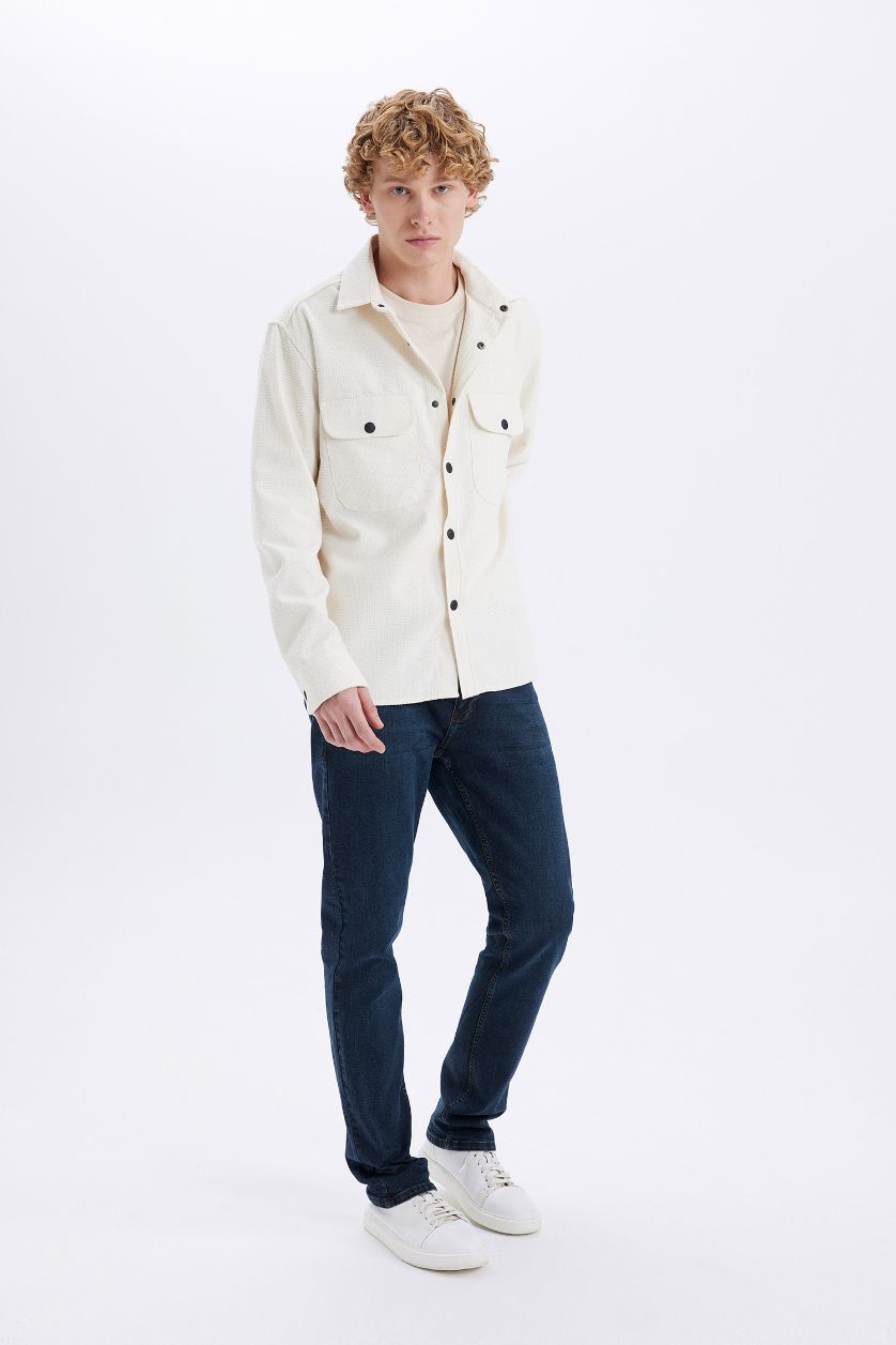 Erkek Taş Relax Fit Düğmeli Cepli Uzun Kollu Gömlek