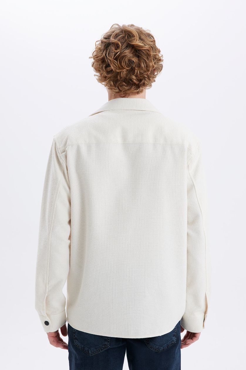 Erkek Taş Relax Fit Düğmeli Cepli Uzun Kollu Gömlek