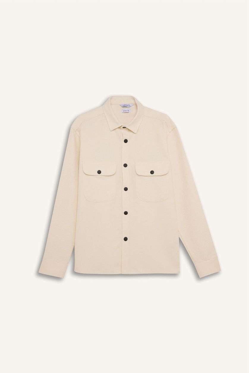 Erkek Taş Relax Fit Düğmeli Cepli Uzun Kollu Gömlek