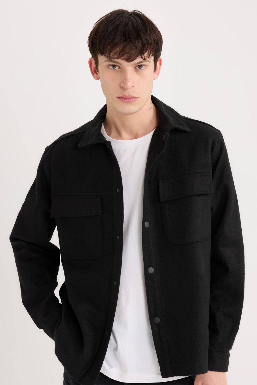 Erkek Siyah Relax Fit Oduncu Basic Düz Uzun Kollu Gömlek Ceket