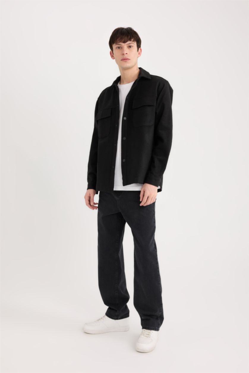 Erkek Siyah Relax Fit Oduncu Basic Düz Uzun Kollu Gömlek Ceket