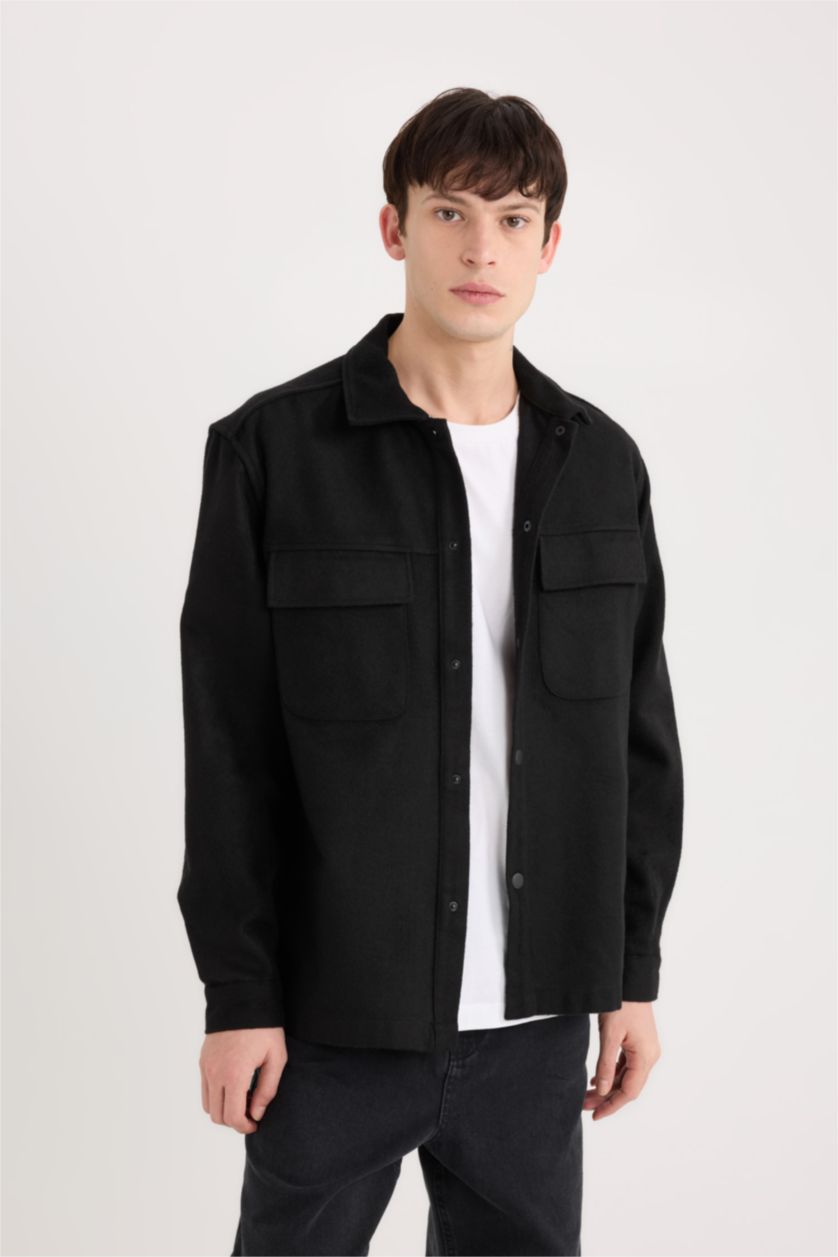 Erkek Siyah Relax Fit Oduncu Basic Düz Uzun Kollu Gömlek Ceket