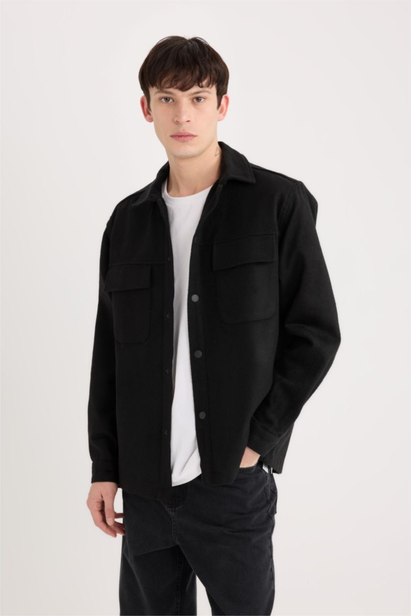 Erkek Siyah Relax Fit Oduncu Basic Düz Uzun Kollu Gömlek Ceket