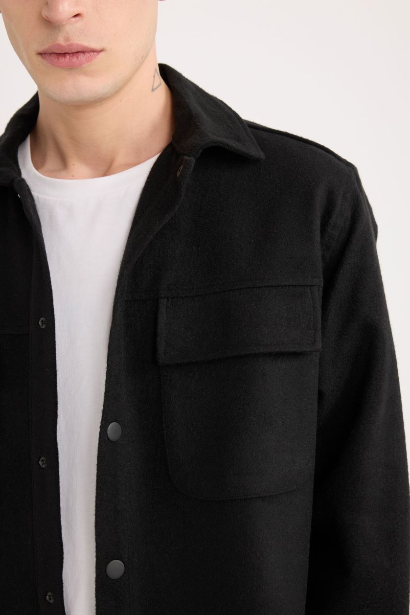 Erkek Siyah Relax Fit Oduncu Basic Düz Uzun Kollu Gömlek Ceket