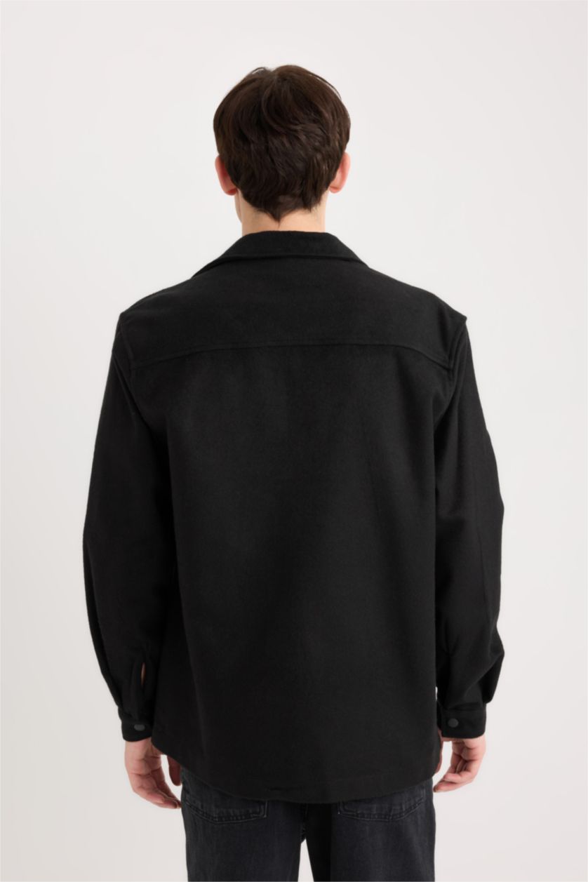 Erkek Siyah Relax Fit Oduncu Basic Düz Uzun Kollu Gömlek Ceket